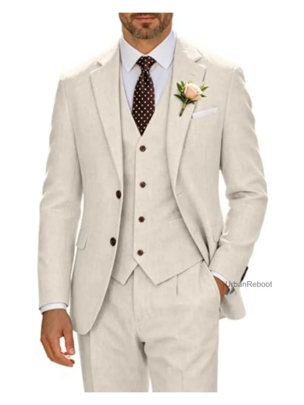 Men's 3PC Linen Suit Wedding Slim Fit Blazer Vest Pant